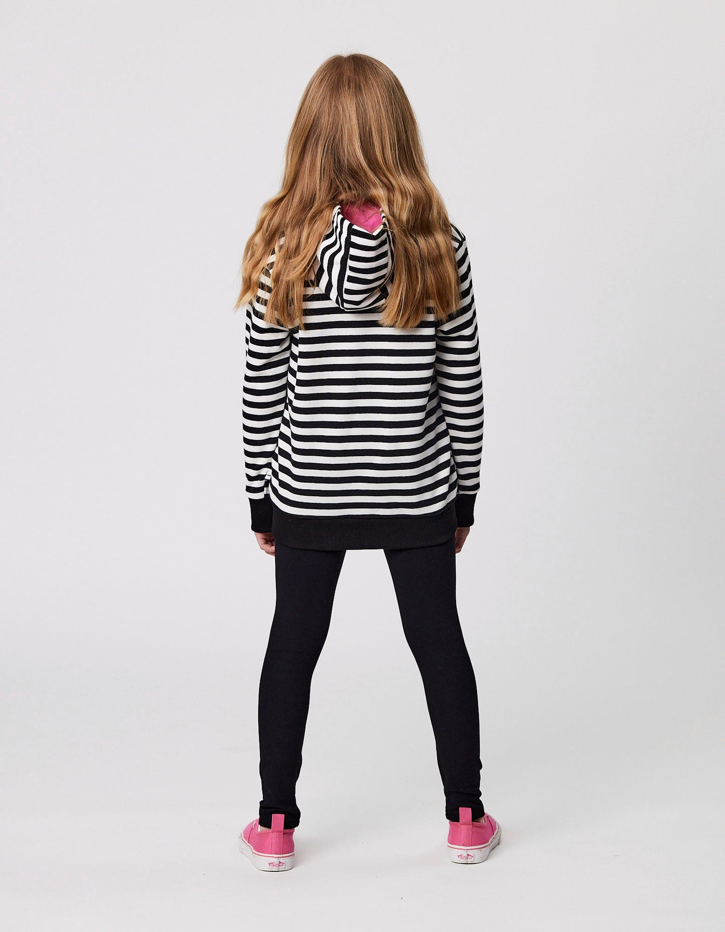 Kissed By Radicool Love Graffiti Hood in black and white stripes with pink printing from back