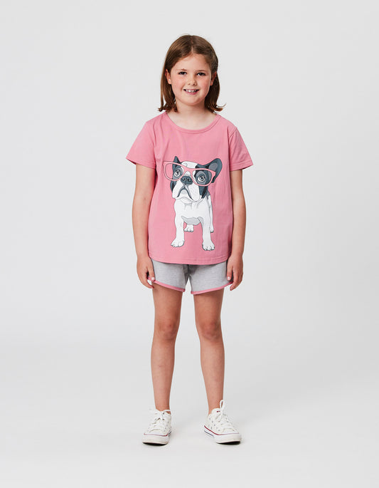 Kissed By Radicool Penny The Puppy Tee  in child model in pink colourway