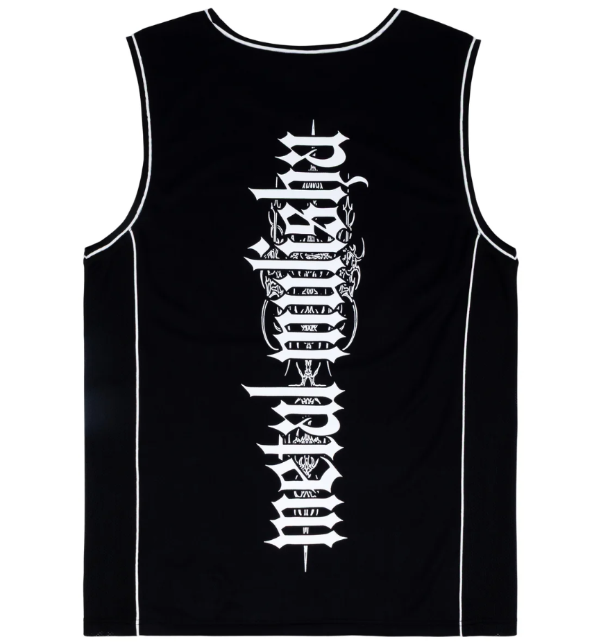 Metal Mulisha War Paint 2 Tank in black wiht white print and white piping from the rear