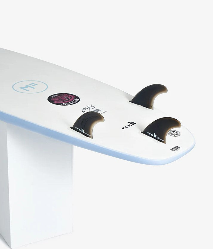 Mick Fanning Beastie 7'6 Epoxy Lam Softboard showing bottom with fins in