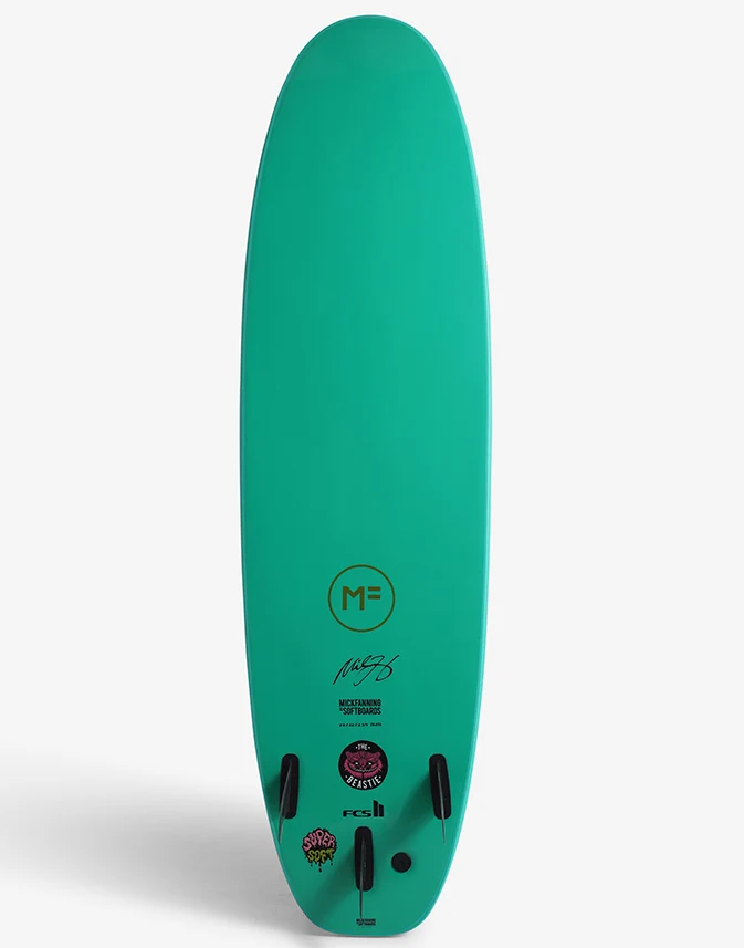 Mick Fanning 7'0 Beastie Supersoft Softboard in aquamarine colour showing the bottom of the board