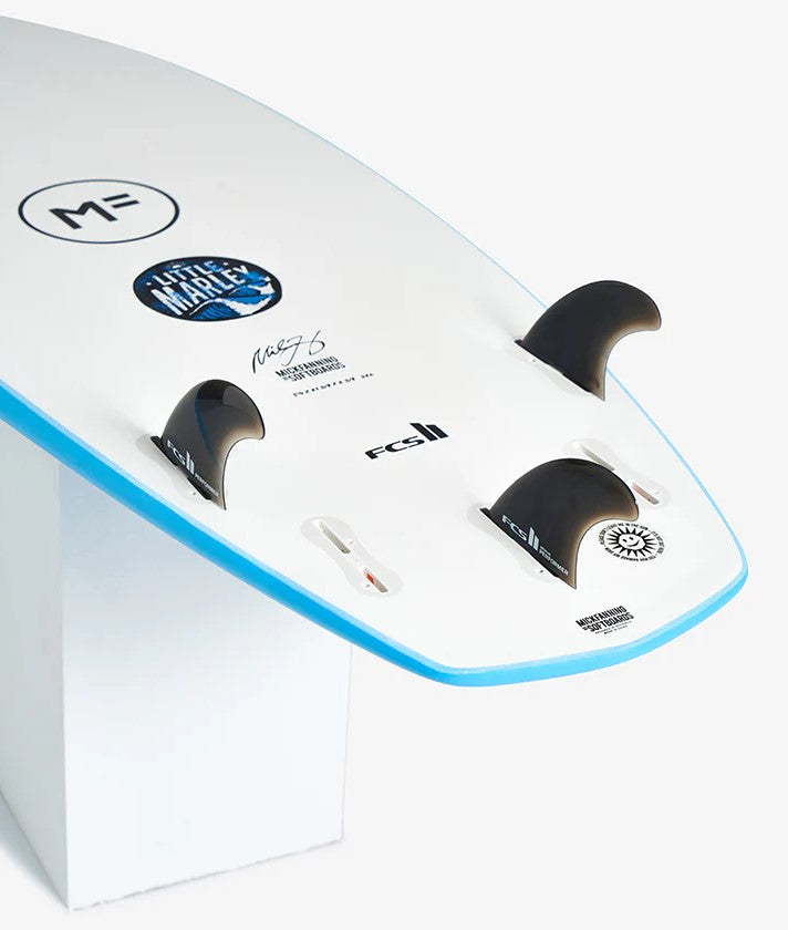 Mick Fanning Little Marley 5'10 Epoxy Lam Softboard showing bottom with fins