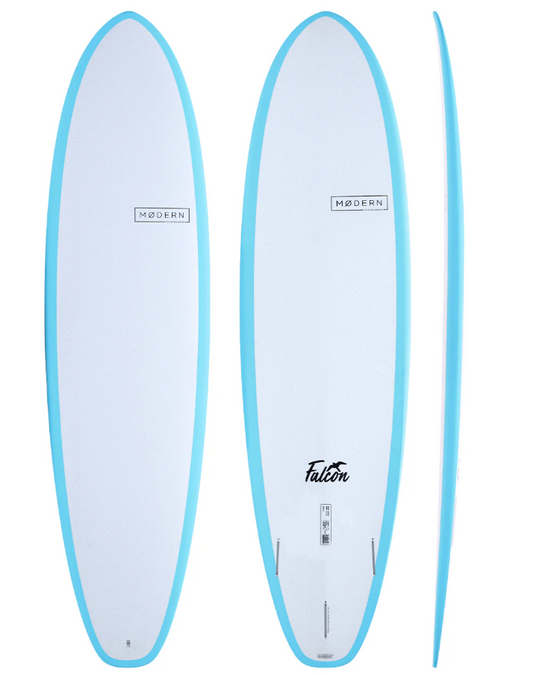 Modern Falcon TMRW Tech Midlength Surfboard in blue and white showing deck, rail and bottom views