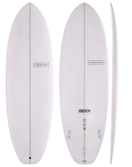 Modern Highline 6'0 PU Surfboard
 in clear showing deck, rail and bottom views