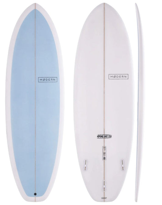 Modern Highline 6'0 PU Surfboard - Sky blue with clear showing deck, rail and bottom views