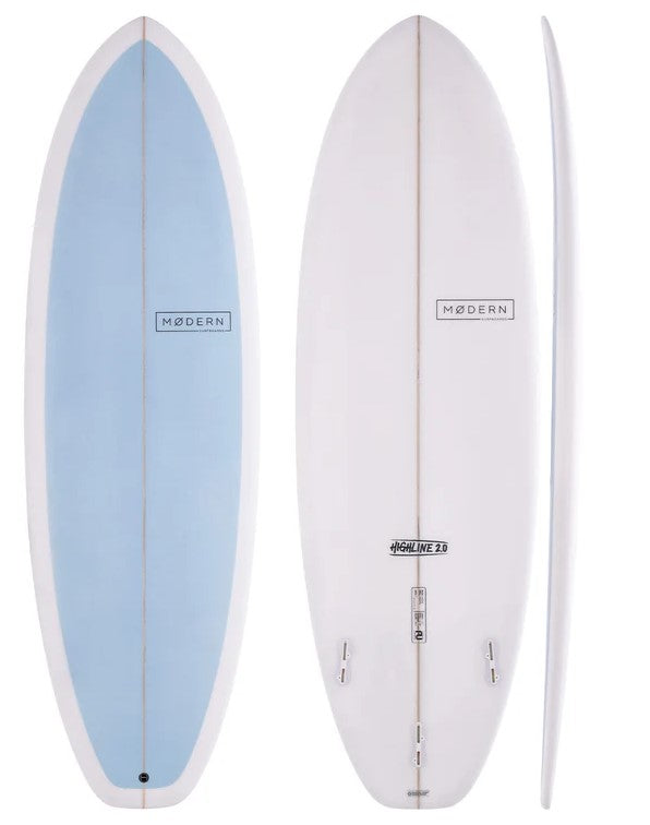 Modern 5'9 Highline 2.0 PU Surfboard in sky blue and clear showing deck, side and bottom views