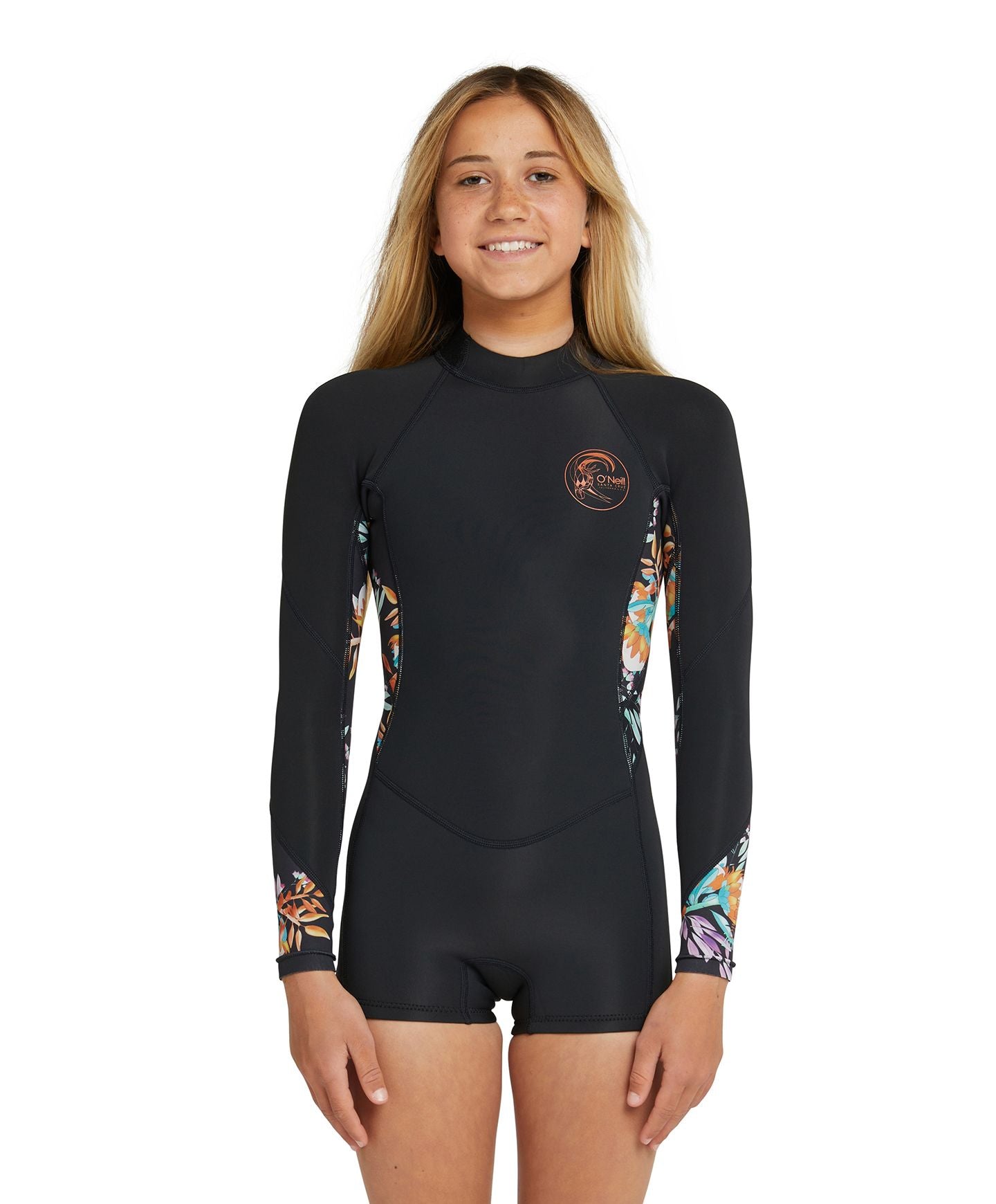 O'Neill Girls Bahia 2mm Mid LS Spring Wetsuit in black and australiana colourway