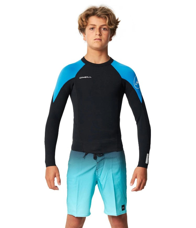 O'Neill Boys Reactor II 1.5mm LS Wetsuit Vest in black and ocean colourway