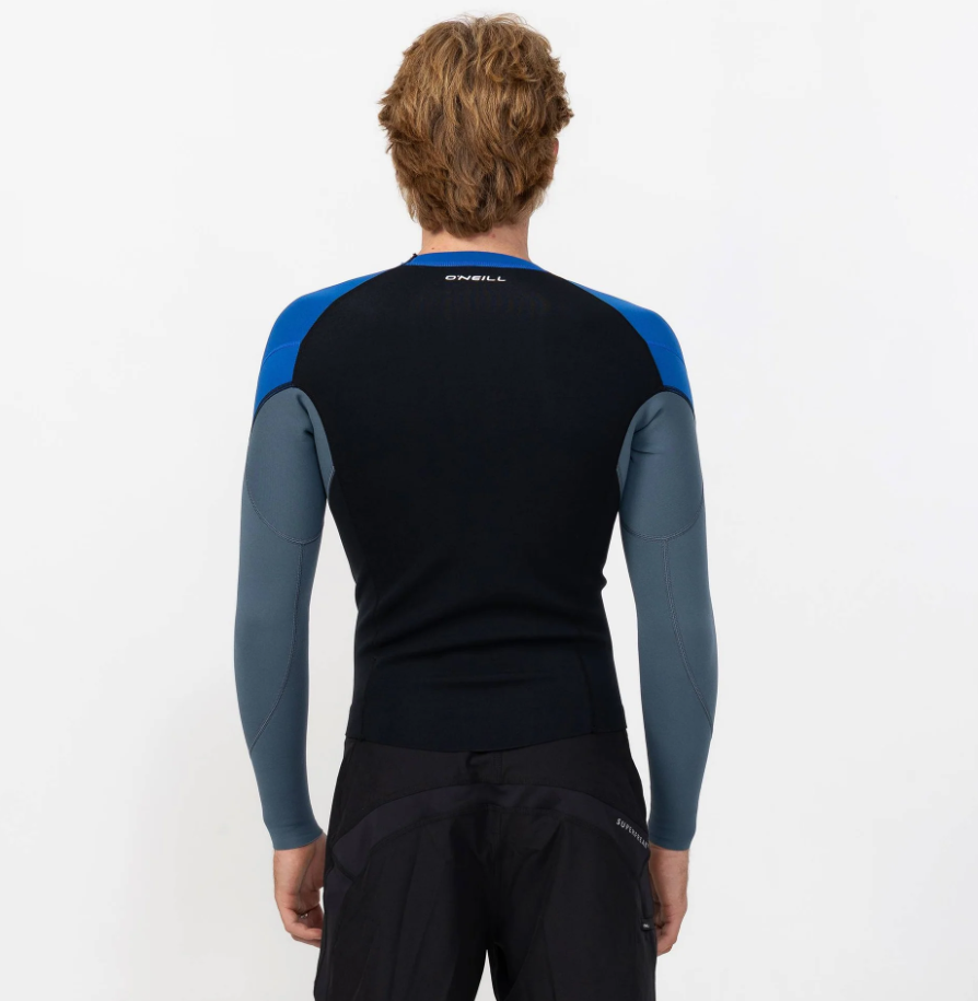 O'Neill Reactor 1.5mm Long Sleeve Wetsuit Vest in black, blue and grey on model from the back
