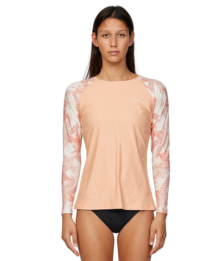 O'Neill Womens Salina Long Sleeve UV Tee in peach colourway on model from front