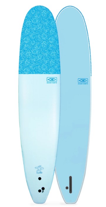 OCEAN AND EARTH 9'0 LOG DOG SINGLE FIN SOFTBOARD white and blue
