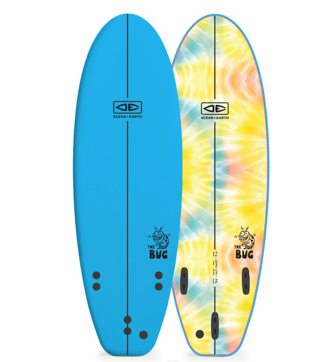 Ocean and Earth Bug 5'6 Softboard with blue deck and tie dyed bottom showing both views on white background