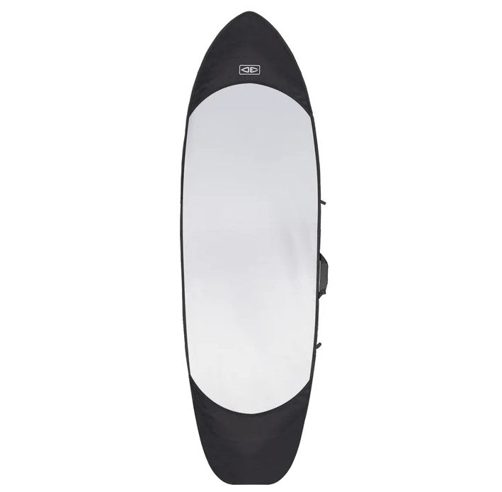 Ocean and Earth 6'8 Cor-X Fish-Shortboard Double Travel Cover in black with white base from the bottom