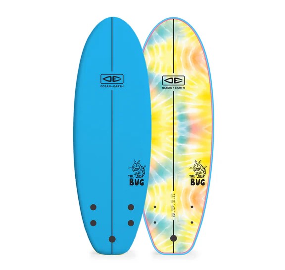 Ocean and Earth Bug 4'8 Softboard in blue deck with multi coloured bottom