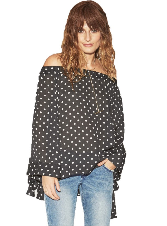 Sum17 ONE TEASPOON BONNIE ACE OFF SHOULD off sholder black blouse  with white pockadot
