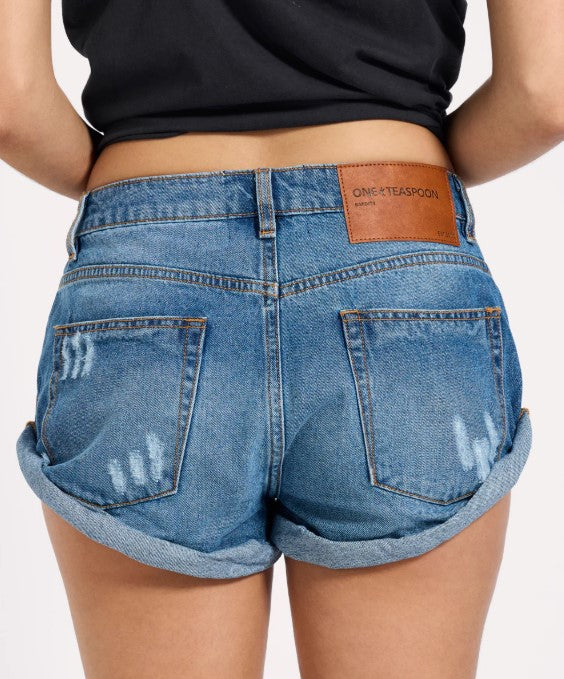 One Teaspoon Pacifica Bandit Low Waist Denim Shorts in pacifica blue from rear