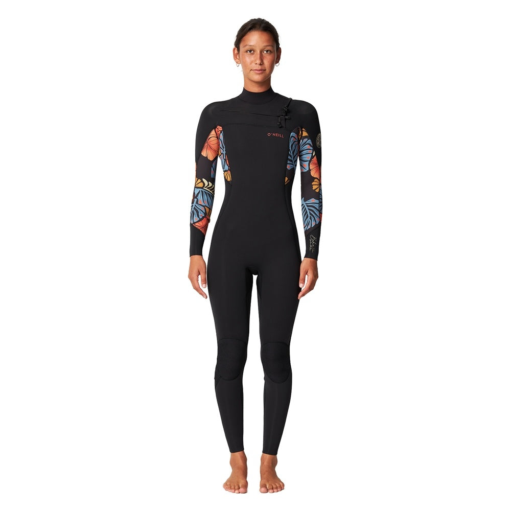 O'Neill Womens Bahia 3/2 CZ GBS Wetsuit in black and vintage aloha from front