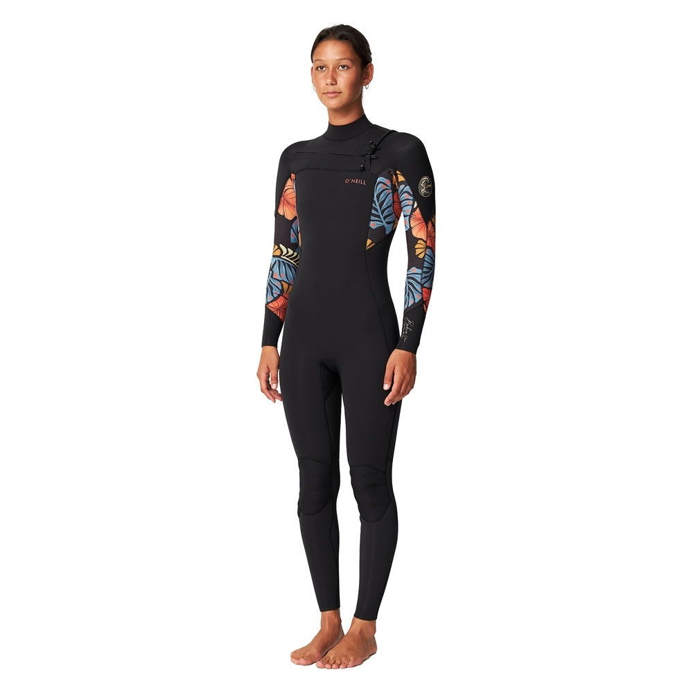 O'Neill Womens Bahia 3/2 CZ GBS Wetsuit in black and vintage aloha from front/side view