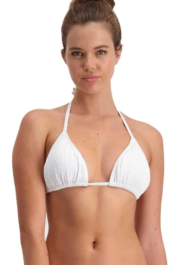 Piha Gelato Sliding Tri with Hipster Pant Bikini Set in white on dark-haired model showing top from front