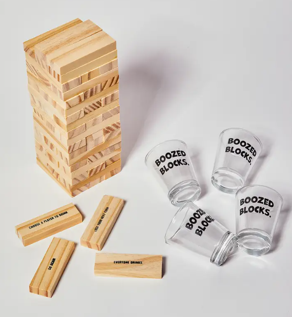 Plug Boozed Blocks - Drinking Game out of box showing items in the pack