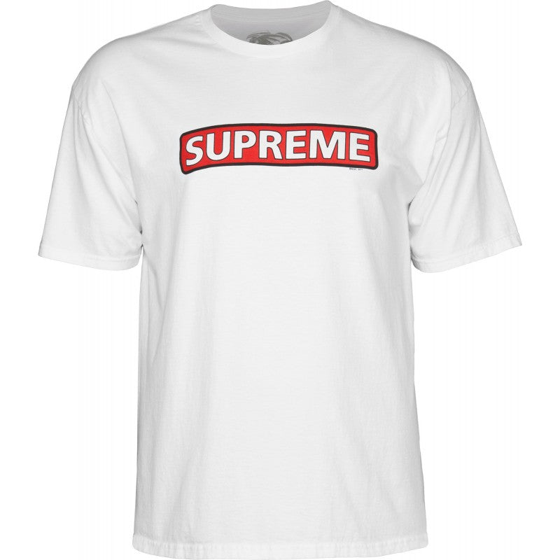 Powell Peralta Supreme Tee in white showing supreme logo on front
