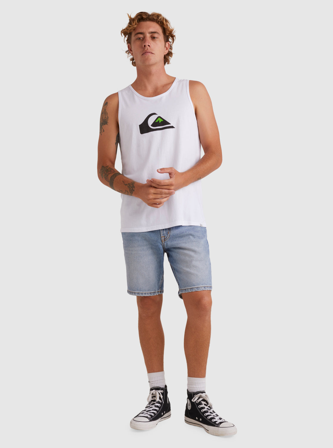 Quiksilver Comp Logo Tank in white on model from front