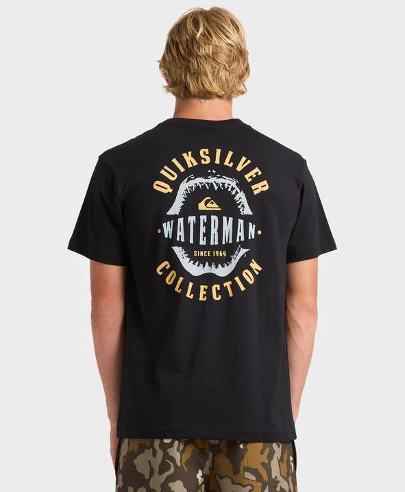 Quiksilver Heavy Hooks Waterman T-Shirt in black from rear with shark jaw print