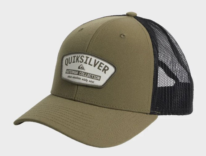 Quiksilver Hook Mind Watermans Trucker Cap in olive with black mesh from side