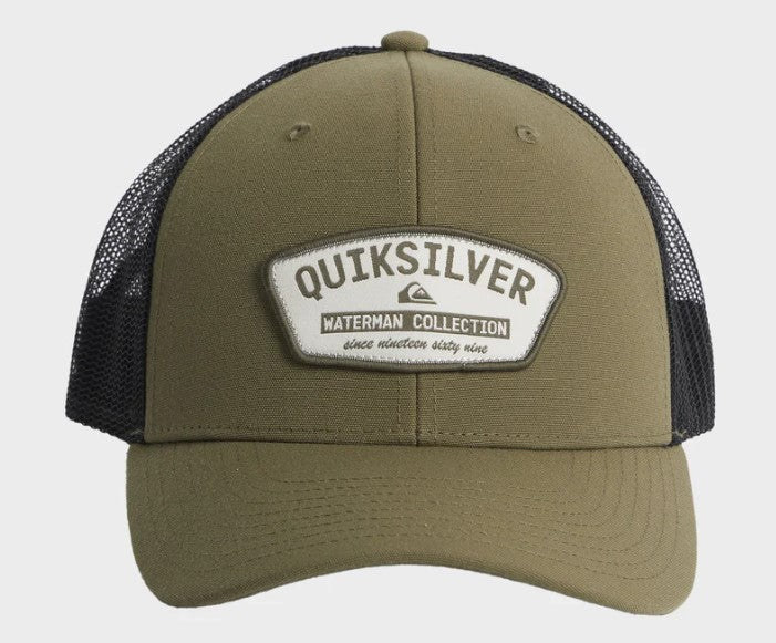 Quiksilver Hook Mind Watermans Trucker Cap in olive with black mesh from front