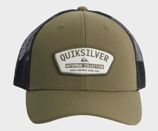 Quiksilver Hook Mind Watermans Trucker Cap in olive with black mesh from front