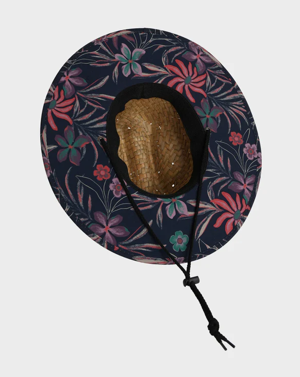 Floral-patterned sun hat with a straw brim on a white background