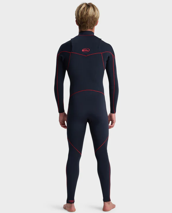 Quiksilver Mercury 4/3mm Chest Zip Wetsuit in salsa colurway, blue with red detailing from rear
