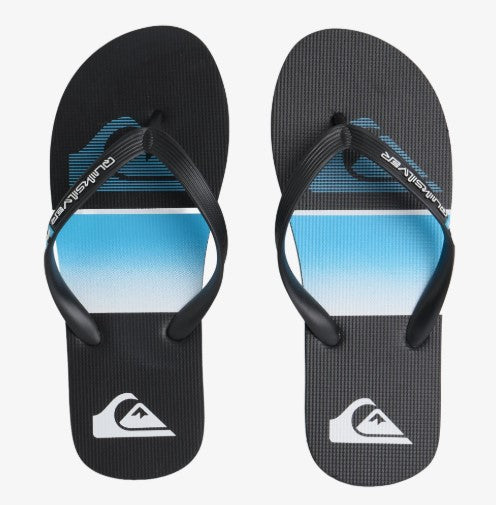 A pair of Quiksilver Moncata Slab jandals in black and blue colourway