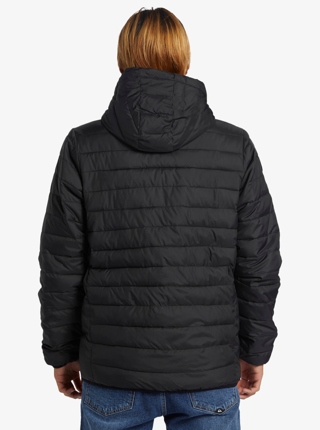 Quiksilver Scaly Hooded Puffer Jacket in black on model from back