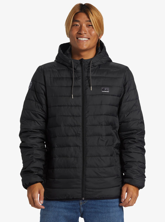 Quiksilver Scaly Hooded Puffer Jacket in black from front on model