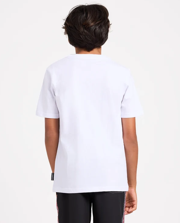 Quiksilver Tai Kehu Marakihau Boys T-Shirt in white showing the blank back of the tee on a model