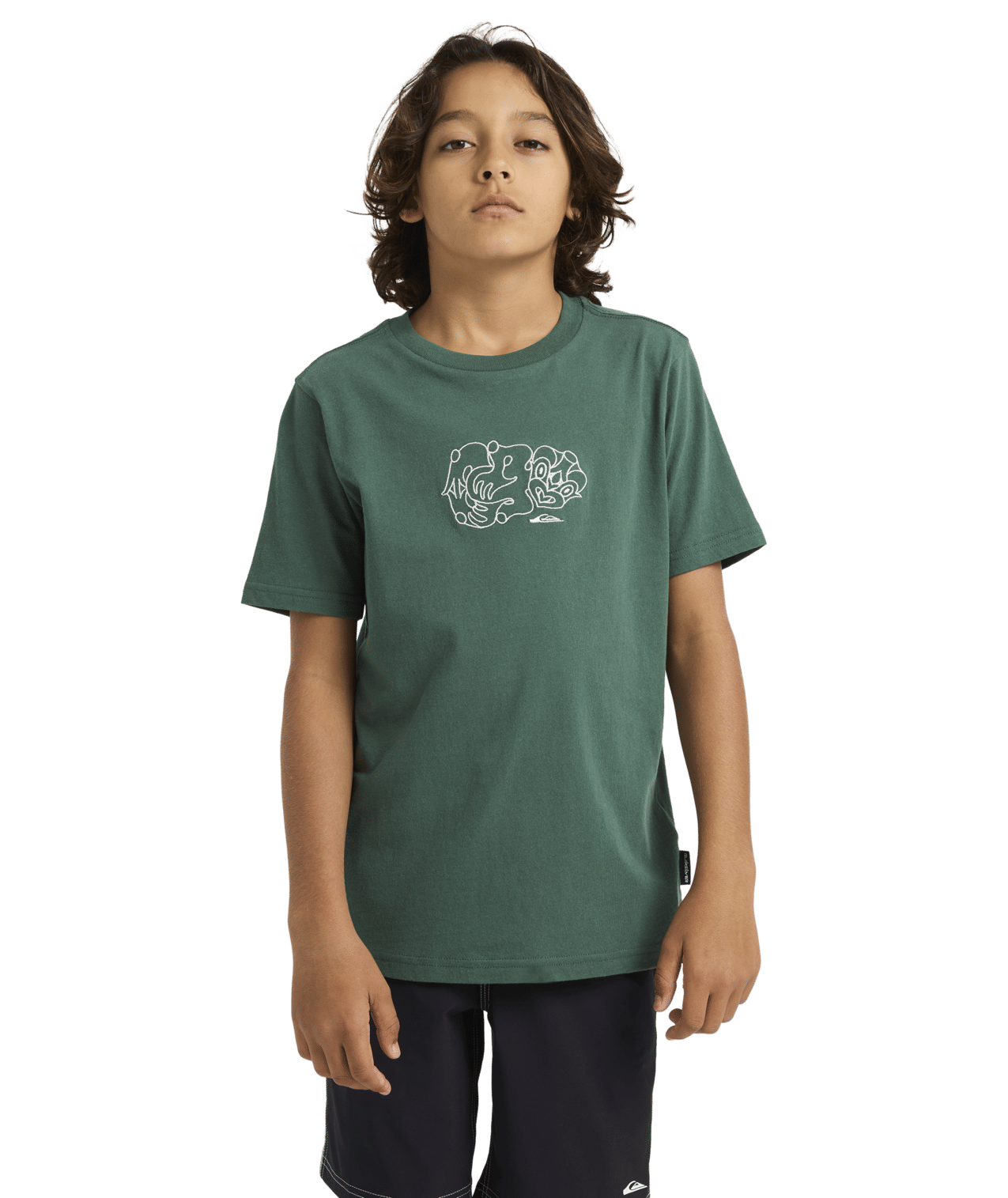 Quiksilver Tai Kehu Tiki Youth T-Shirt in jungle green on child from front