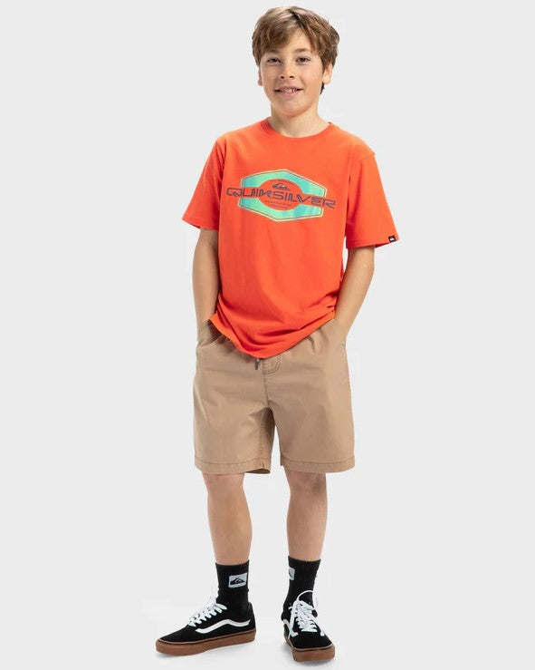 Quiksilver Taxer Youth Shorts in khaki on youth wearing orange t-shirt