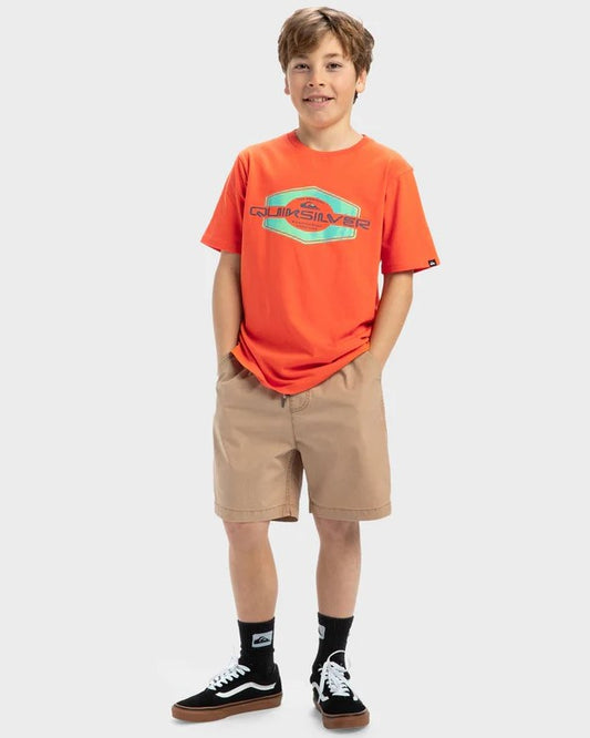 Quiksilver Taxer Youth Shorts  in khaki on youth wearing orange t-shirt