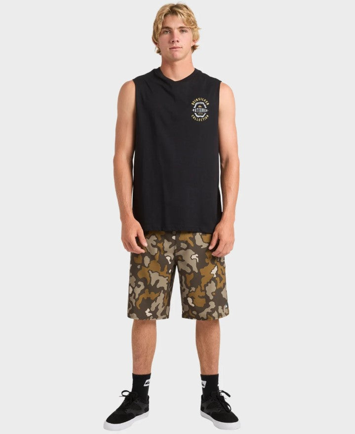 Quiksilver Waterman Heavy Hooks Muscle Top in black from front on model wearing camo coloured boardshorts