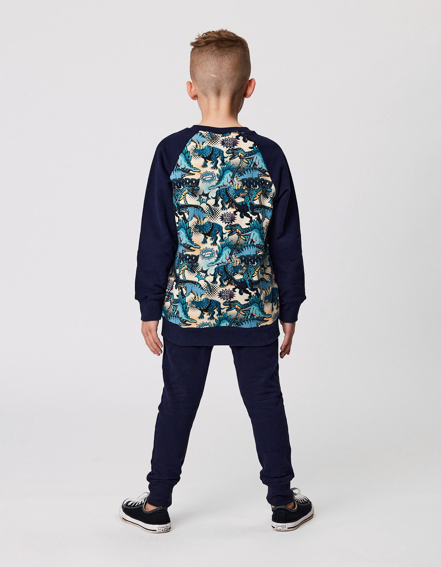 Radicool Kids Dinos Raglan Crew with navy arms and dinosaur print