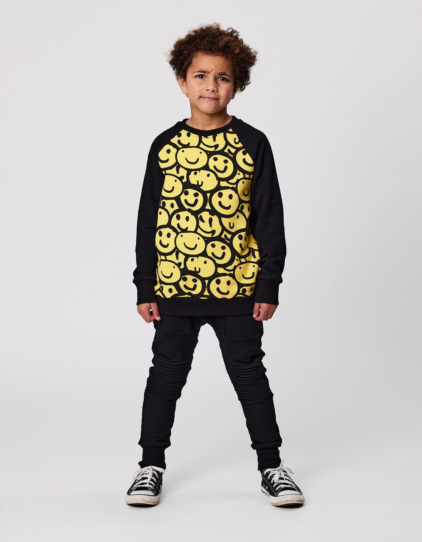 Radicool Kids Happy Raglan Crew in black with yellow smiley faces