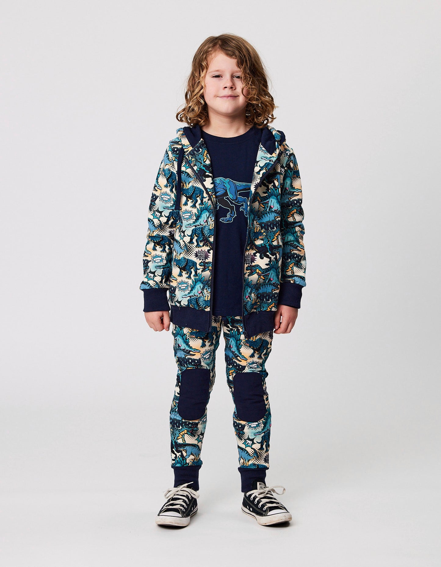 Radicool Kids Pop Art Dino Spacepants on model from front