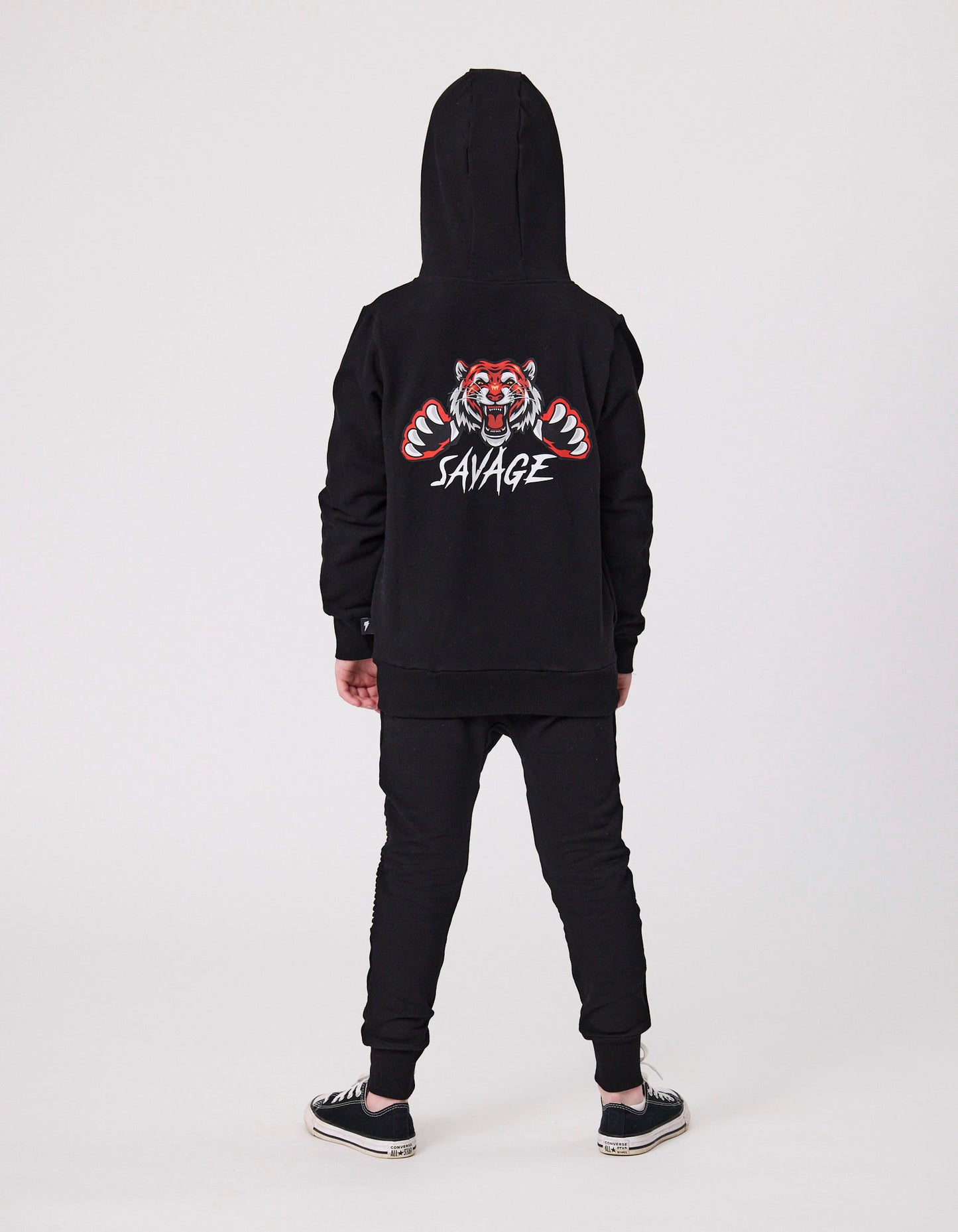 Radicool Kids Savage Zip Hood in black from rear showing back tiger print