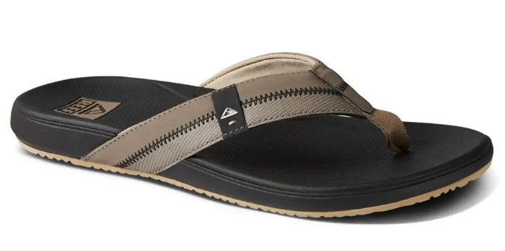 Reef Cushion Phantom 2.0 Jandals in fossil colourway with black footbed showing right jandal from side