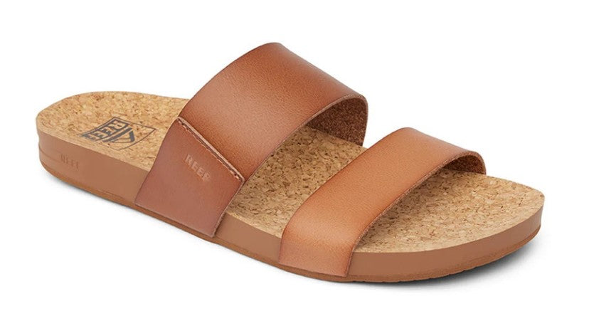 Reef Cushion Vista Cork Sandals in espresso colourway with cork footbed showing right sandal from side view