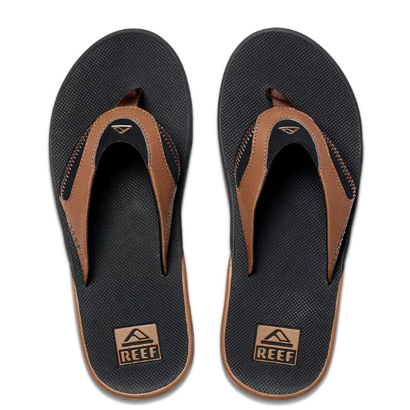 Reef Fanning Jandals in black and tank pair from top