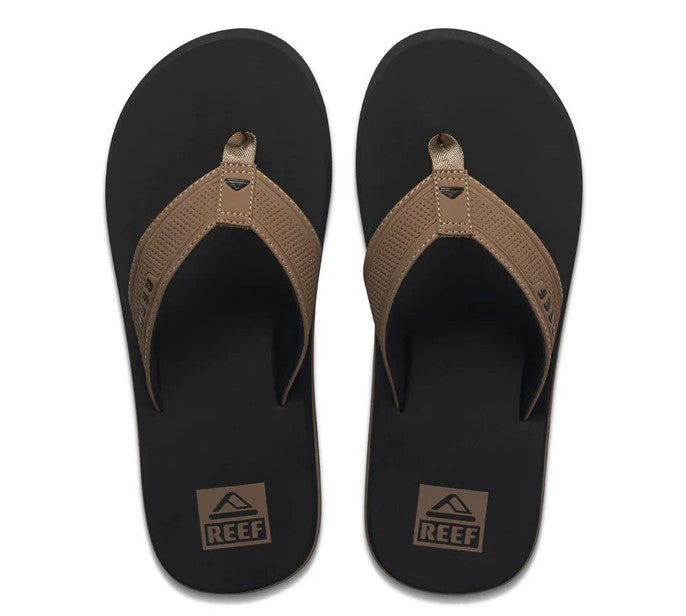 Reef Layback Mens Jandals in black with tan straps showing a pair form above
