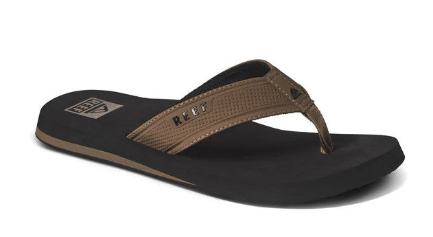 Reef Layback Mens Jandals in black with tan straps showing right sandal from side
