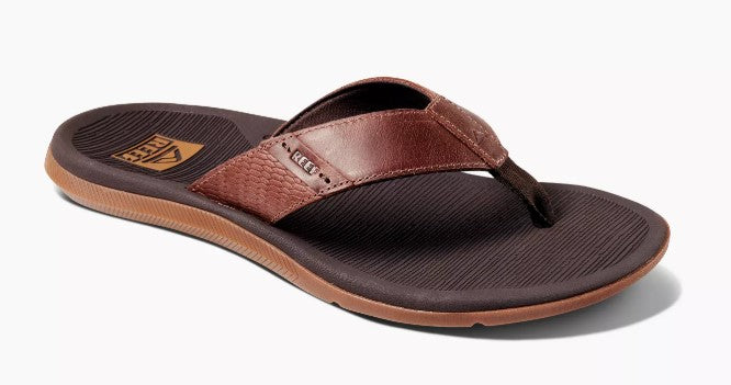 Reef Santa Ana Leather Mens Jandals in black sole with brown leather straps showing right sandal from side